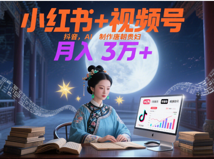 小红书+视频号+抖音，AI轻松制作唐朝贵妇IP，毒鸡汤、励志、减肥瘦身、养生赛道轻松切入，每天30分钟，轻松产出N条，月入3万+ 