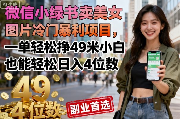  微信小绿书卖美女图片冷门暴利项目，一单轻松挣49米小白也能轻松日入4位数