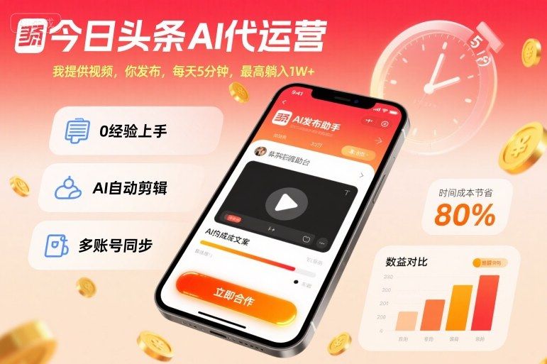 今日头条AI代运营,我提供视频,你发布,每天5分钟,最高躺入1W+